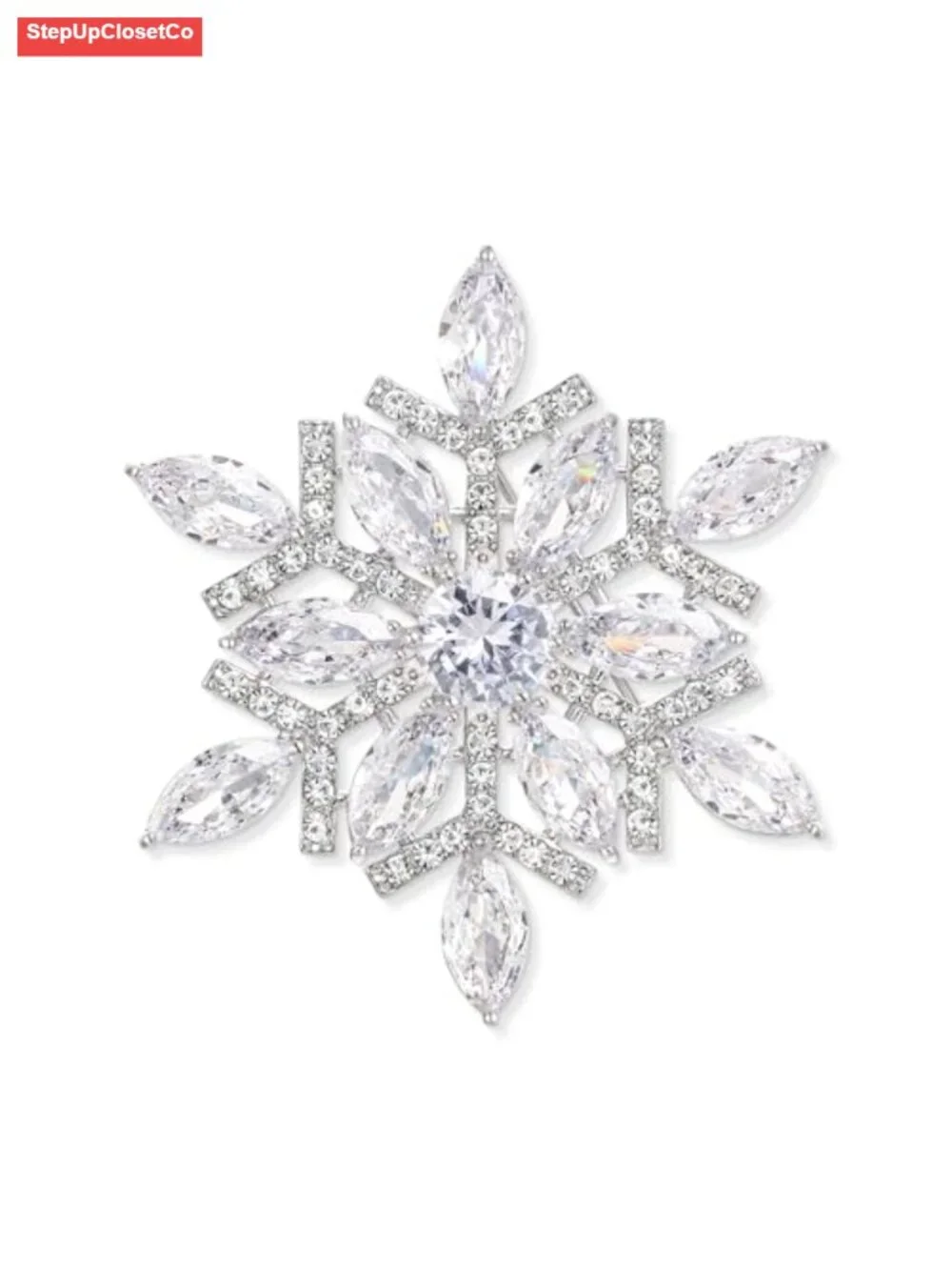Cubic Zirconia Snowflake Brooch Pin Clear Silver-Tone Winter Bridal Corsage